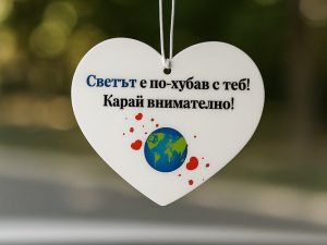 Бяло сърце – украшение за автомобил с послание „Светът е по-хубав с теб! Карай внимателно!“ – идеален подарък за любим/а