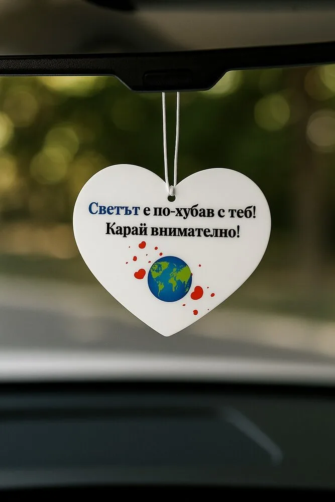 Бяло сърце – украшение за автомобил с послание „Светът е по-хубав с теб! Карай внимателно!“ – идеален подарък за любим/а