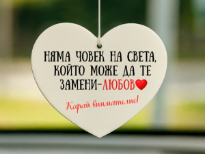 Бяло украшение за автомобил с послание „Няма човек на света, който може да те замени – ЛЮБОВ! Карай внимателно!“ – идеален подарък за любим/а