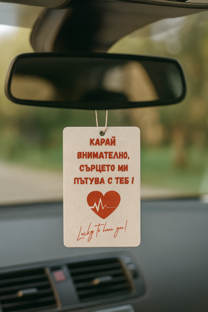 Комплект от 3 бели ароматизатора за автомобил с надпис „Карай внимателно“ – идеален подарък за шофьор и любим/а
