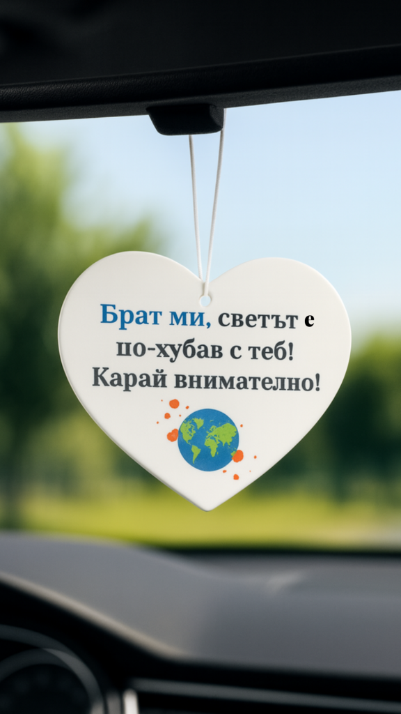Бяло сърце – украшение за автомобил с послание „Брат ми, светът е по-хубав с теб! Карай внимателно!“ – идеален подарък за брат