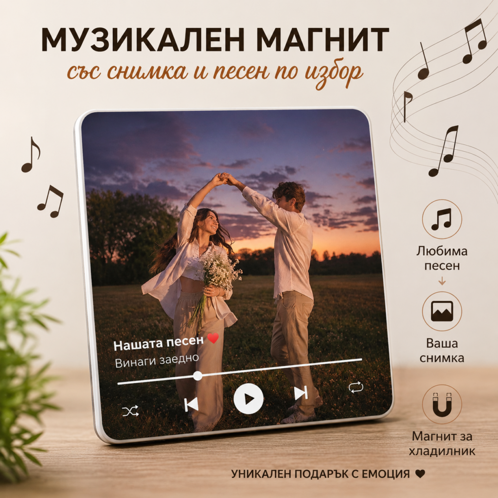 Персонализиран музикален магнит със снимка и любима песен – 10×10 см
