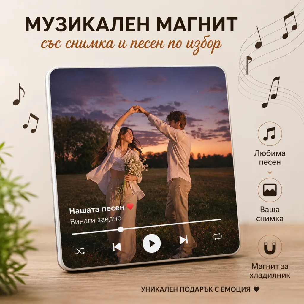 Персонализиран музикален магнит със снимка и любима песен – 10×10 см