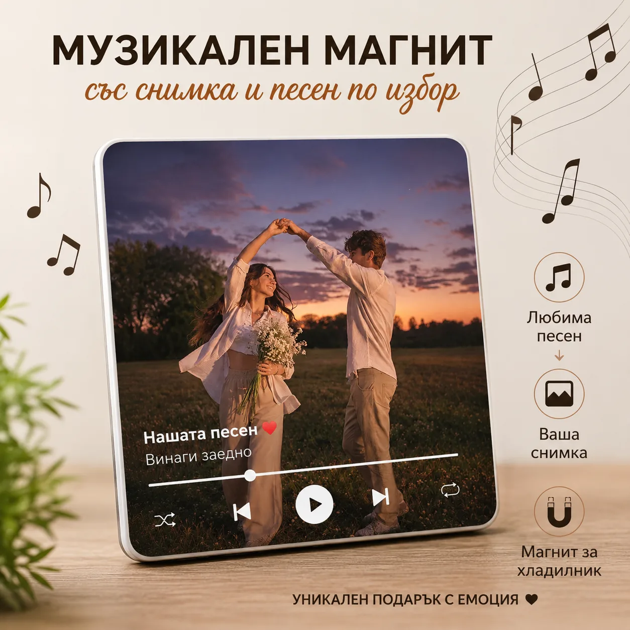 Персонализиран музикален магнит със снимка и любима песен – 10×10 см