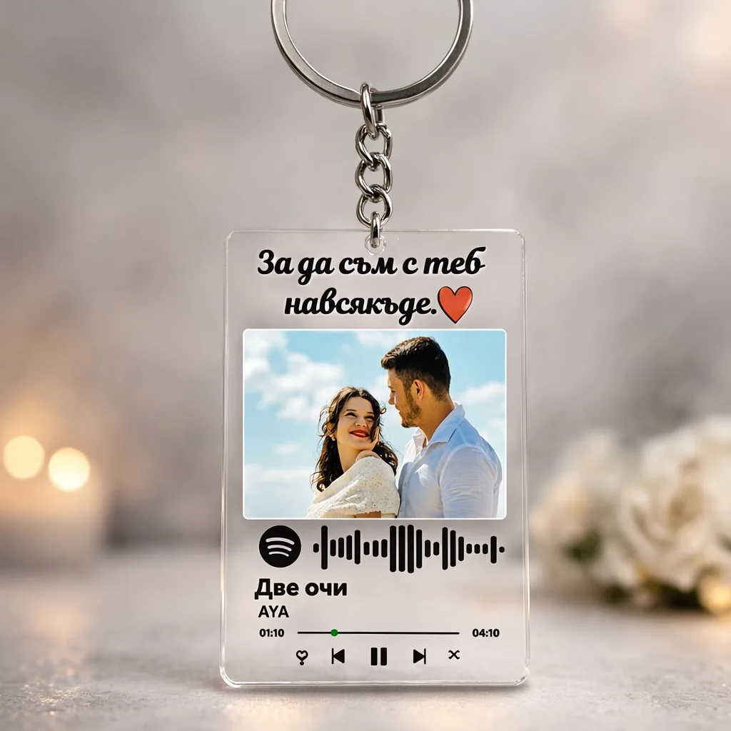 Персонализиран ключодържател от плексиглас 6×4 см със снимка и Spotify код