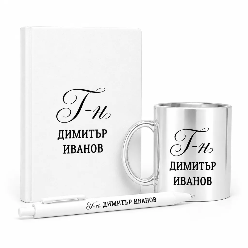 Персонализиран подаръчен комплект за учител – бял дневник, химикал и златна или сребърна чаша