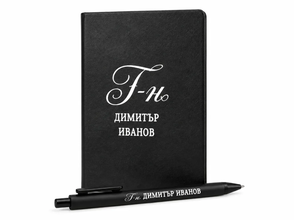 Персонализиран подаръчен комплект за учител – черен дневник и химикал с име
